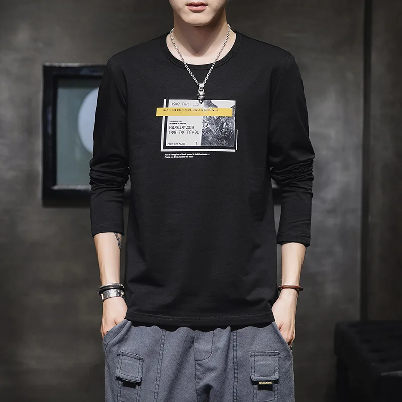 Spring and Autumn New men's printed long-sleeved T-shirt teen round neck bottom top fashion casual clothing new 2020 | Мужская