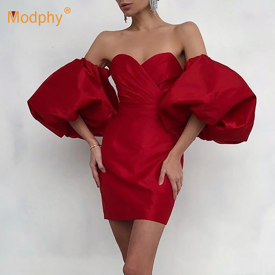 Женское облегающее мини платье с запахом красное коротким рукавом фонариком