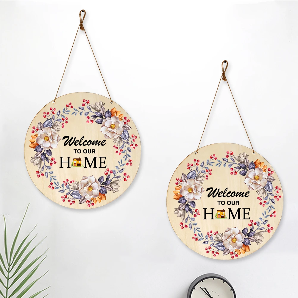 

Round Door Hanging Decoration Wooden Front Door Huang Wall Decor Welcome Sign Pendant House Ornament Double-sided Garden Art