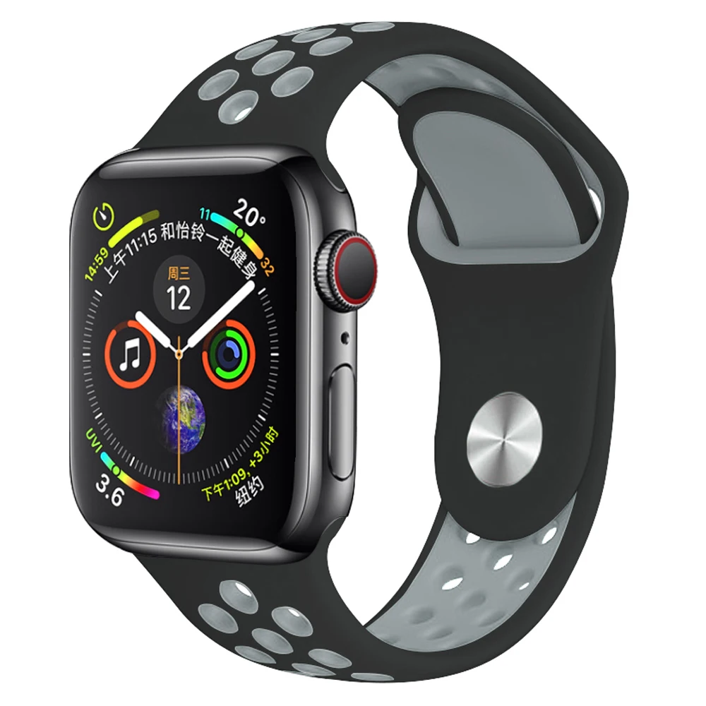 Black with grey Мягкий силиконовый сменный спортивный ремешок для Apple Watch, 38 мм, 40 мм, серия 1, 2, 3, 4, 5, 42 мм, 44 мм, браслет на запястье, ремешок для iWatch Sports - Цвет ремешка: Black with grey