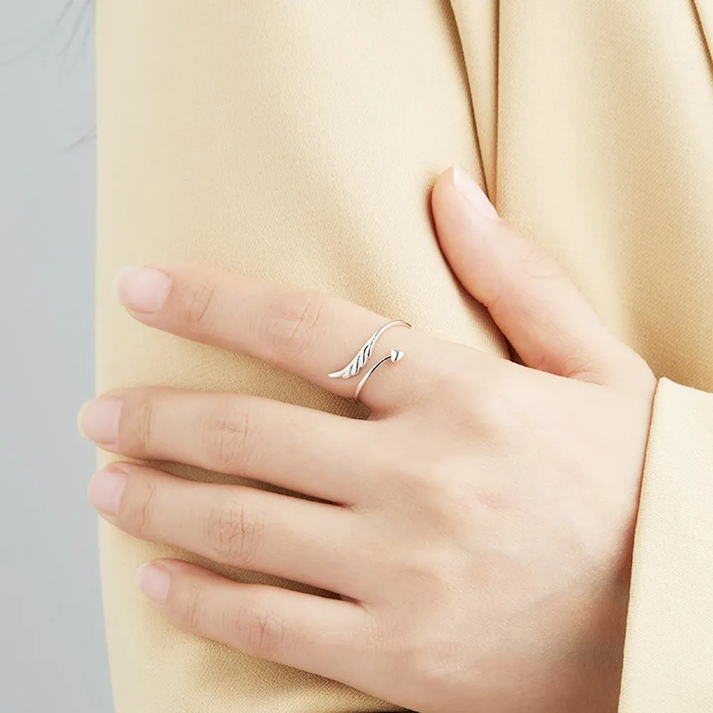 

925 Sterling Silver Feather Wings Rings for Women Adjustable Open Free Size Heart Ring Sterling Silver Jewelry Anniversary Gifts