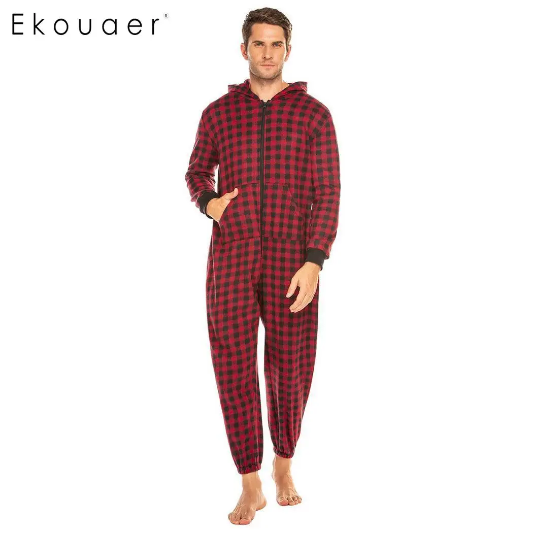 Ekouaer Men Winter Pajamas Christmas Sleepwear Soft Cozy One-piece Pajama Long Sleeve Hooded Autumn Nightwear Clothes | Мужская одежда