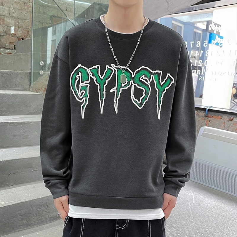 

TFETTERS Men Sweatshirts Long Sleeve Autumn And Winter Korean Fashion Stitching Printing Loose Fake Two Sweatshirt Men Clothes