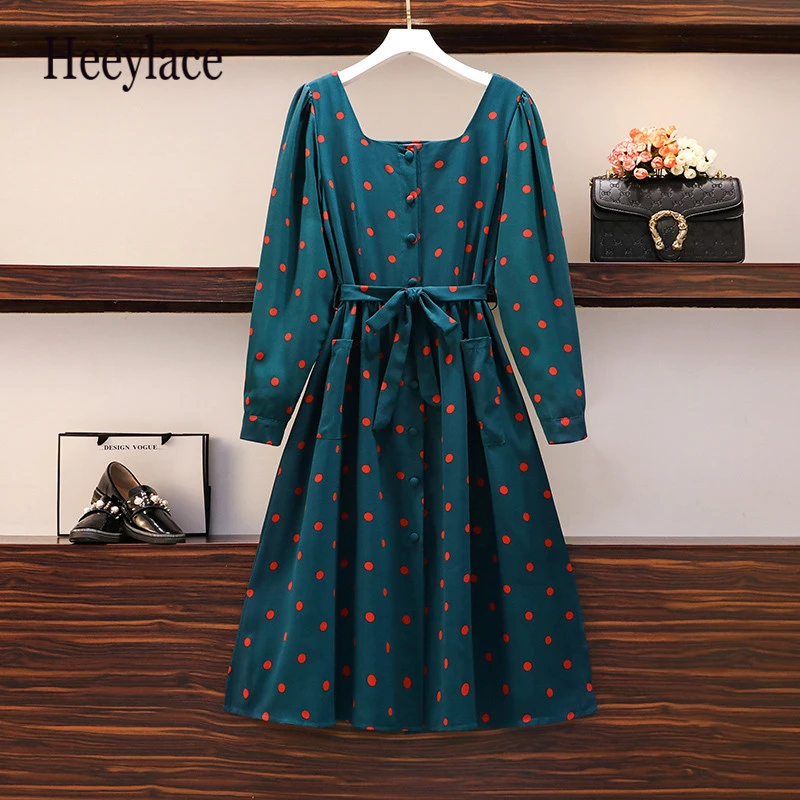

Women Autumn Polka Dot Vintage Dresses For Women Square Neck High Waist Korean Women Dresses Office Ladies Vestidos