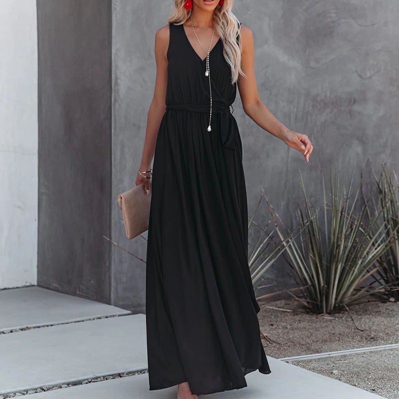 

Elegant Sleeveless High Split Party Lady Dresses Women Autumn Solid Lace-Up Belt Maxi Dress Summer Sexy V Neck Beach Long Dress