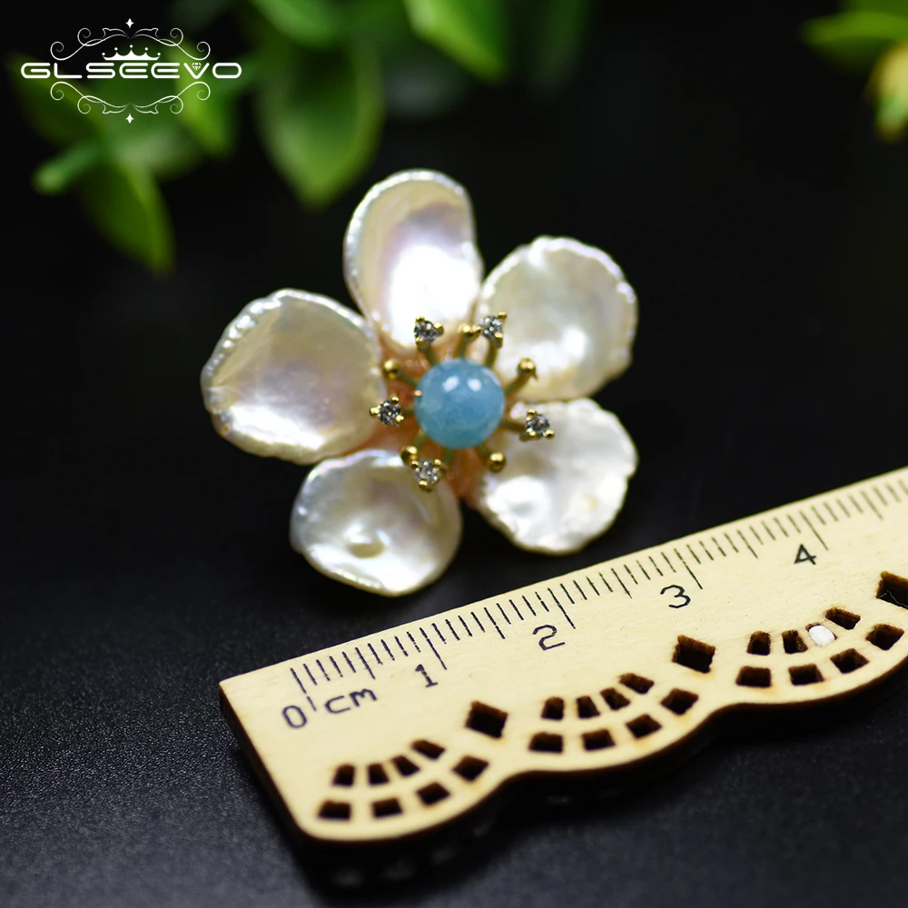 

GLSEEVO Natural Fresh Water Baroque Pearl Stud Earrings For Women Gift Flowers Design Natural Blue Stone Fashion Jewelry GE0597