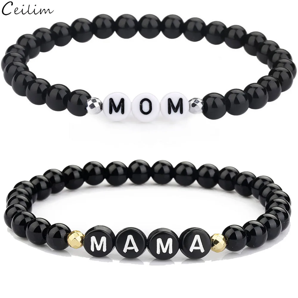 

2022 New Mother's Day Gifts Jewelry Natural Stone 6mm Beads Bracelet for Mom Mama Women Heart Letters Charm Family Bless Bangles