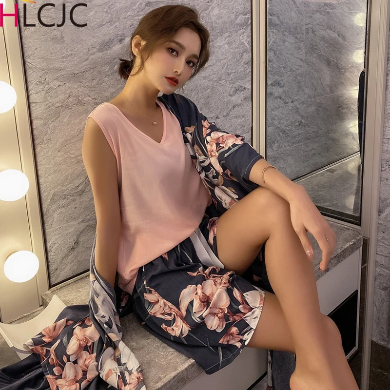 Женский пижамный комплект из 4 предметов для весны и осени ночная рубашка пижамы