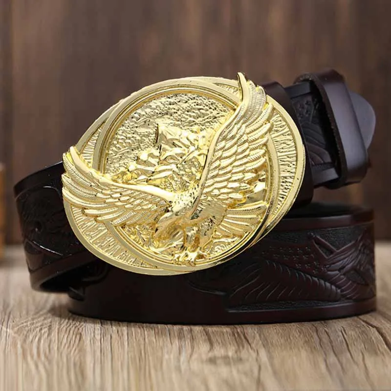 Gold buckle Coffee Винтажный Мужской ремень с Орлиной пряжкой из натуральной кожи, ремень из воловьей кожи, дизайнерские ремни с пряжкой для мужских джинсов, поясной ремень, подарки - Цвет: Gold buckle Coffee