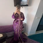 На заказ; Большие размеры велюр марокканский кафтан вечернее платье фиолетового цвета с кружевными аппликациями, одежда с длинным рукавом Арабский мусульманский вечерние платья для выпускного вечера