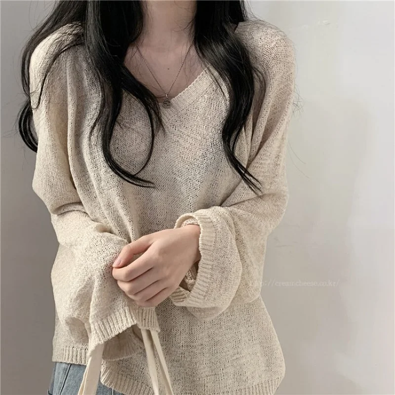 

Women V-neck Thin Knitwear Pullover Hoodie 2021 South Korean Chic Summer Lazy Wind Loose Tops Simple Solid Color Sweet Female