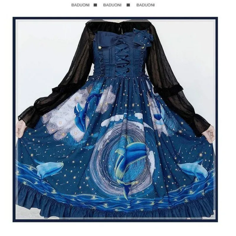 Женское платье в японском стиле Харадзюку милое голубое на бретельках В Стиле