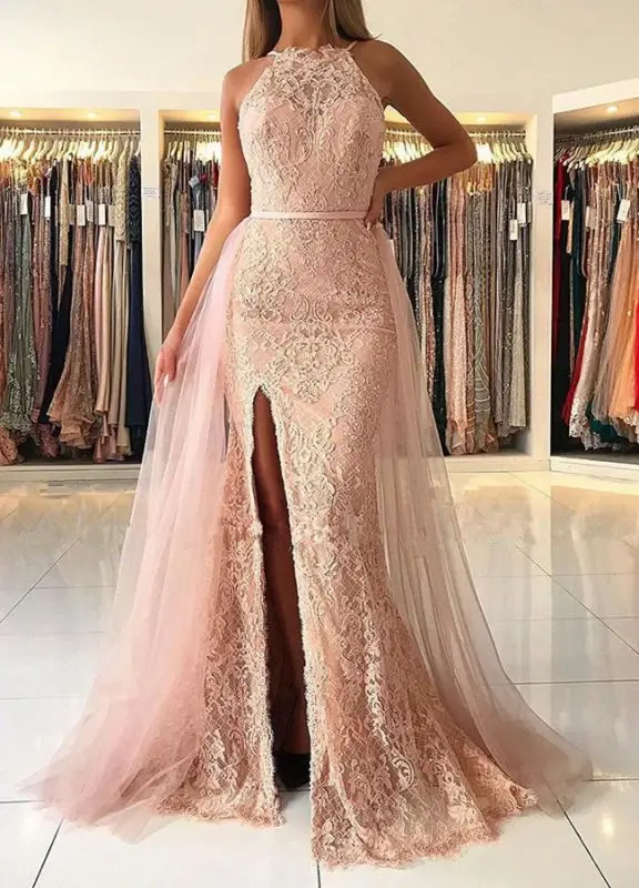 Жемчужно розовые мусульманские Вечерние платья с юбкой годе и лямкой на шее