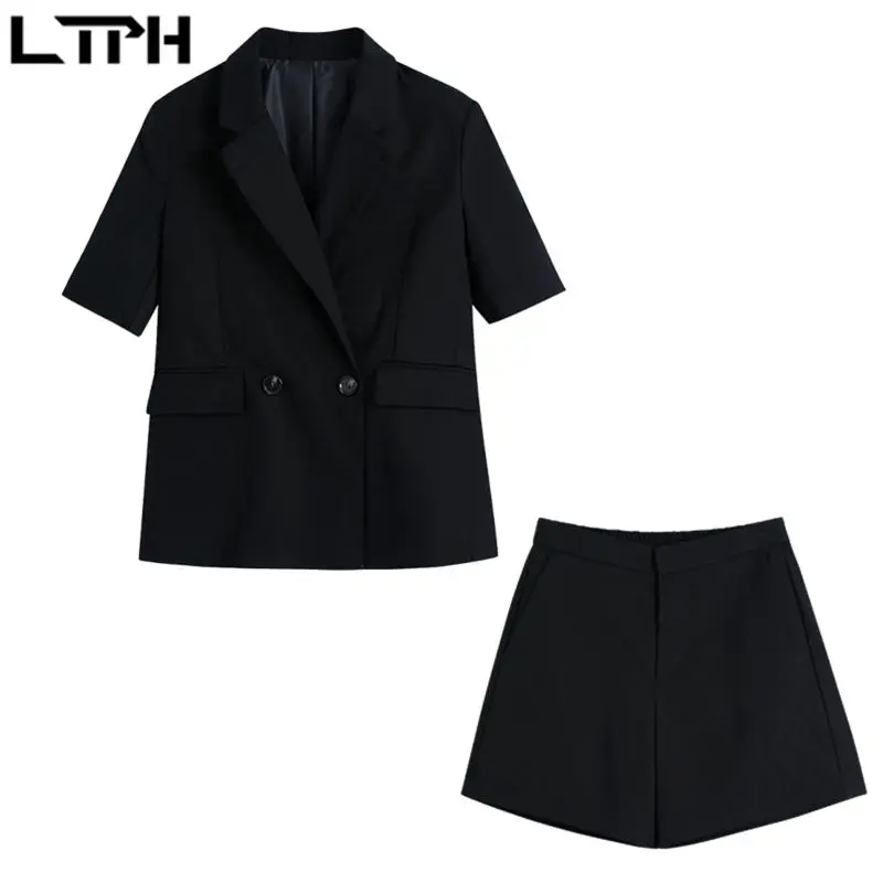 LTPH-traje vintage francés para mujer, conjunto de 2 piezas, chaqueta de negocios con bolsillos, pantalones cortos informales de cintura alta, novedad de verano 2021