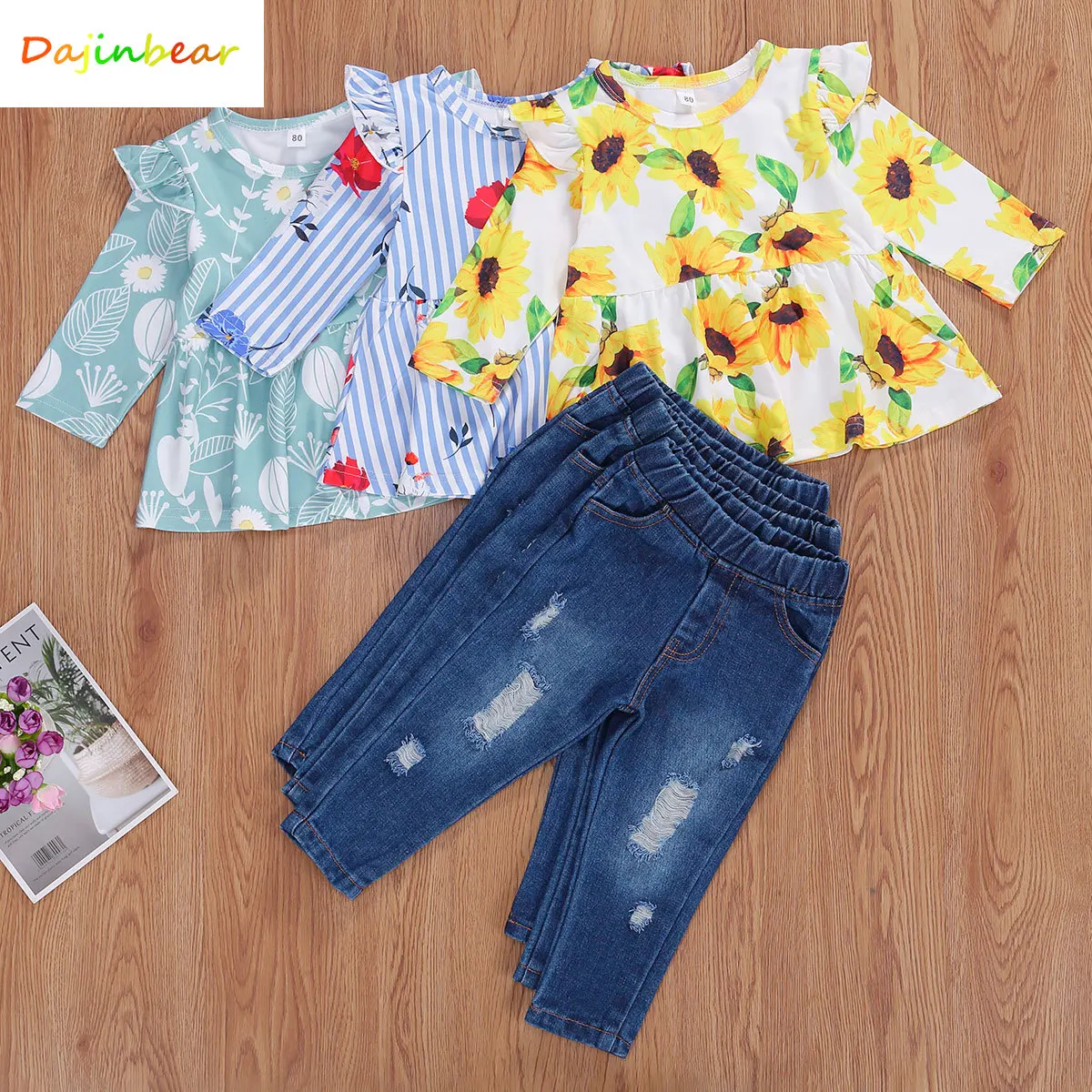 Футболка с оборками и длинным рукавом + рваные джинсовые брюки | Детская одежда