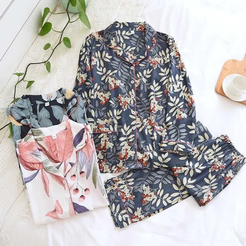 Autumn Viscose Women Long-Sleeved Trousers Two-Piece Suit Women's Cotton Loose Printed Home Wear Casual Fashion Pajamas