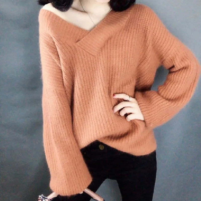 Loose Casual Lantern Sleeve Mohair Thicken Sweater Women Fashion Trend Simple V-neck Solid Color Pullover Sweater