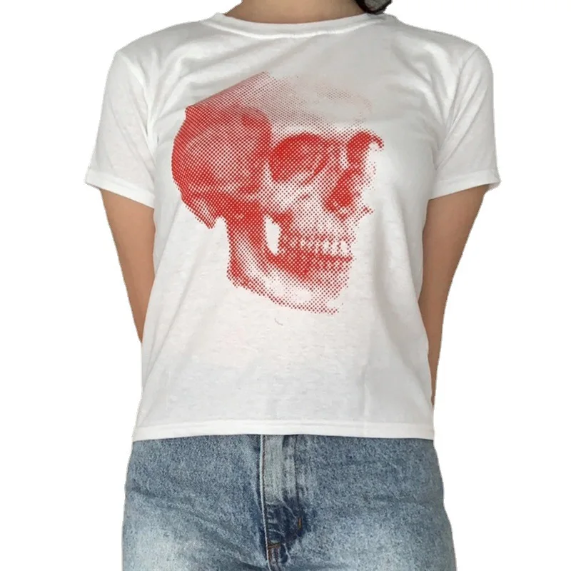 

Self-built station fashion women's skull print hit loose round-necked short-sleeved T-shirt top 2021 new