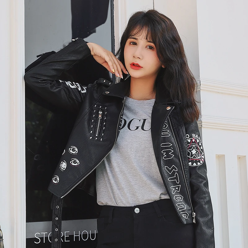Punk Rivet Leather Jacket Women Short Outerwear Streetwear Personality Graffiti Print Faux Leather Moto&Biker Jackets Coats enlarge