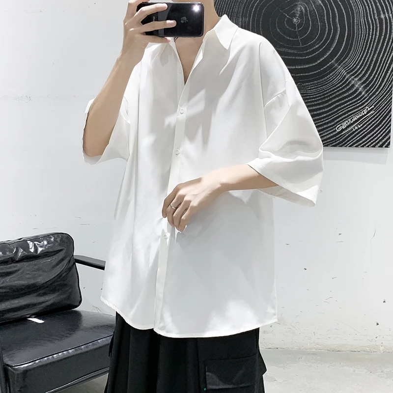 

2021 Summer Ice Silk Short Sleeve Shirt Korean Style Streetwear Plus Size Three-Quarter Sleeve Tops Men Kpop Couple Clothes