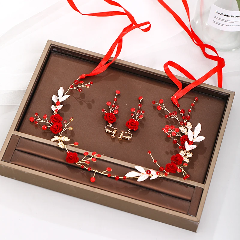 Женский ободок для волос с красными розами набор сережек ручной работы украшения