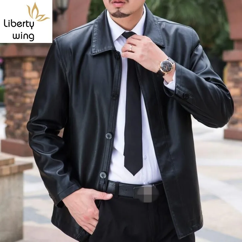 Fashion Men's Faux PU Coats Turn-Down Collar Leather Jackets Male Straight Soft Black Clothes For Man