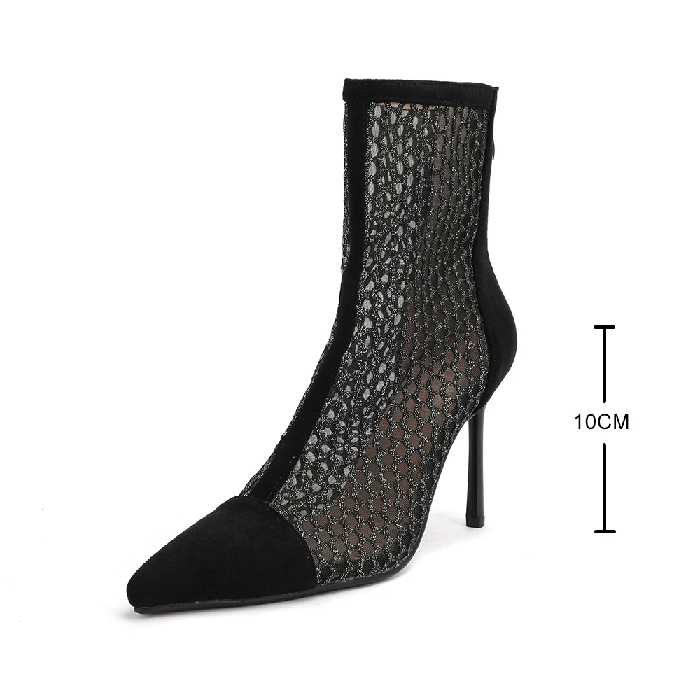 

New Sexy Mesh Ankle Boots Women Pointed Toe Stiletto Heels Fashion Zip Ladies Party Shoes Spring Autumn Cool Boot Female Booties