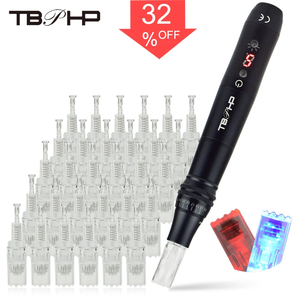 TBPHP P20 Derma Pen Microneedling with LCD Display and 2 Color LED Light Therapy, With 30 Pcs Microneedle Cartridges(Black)