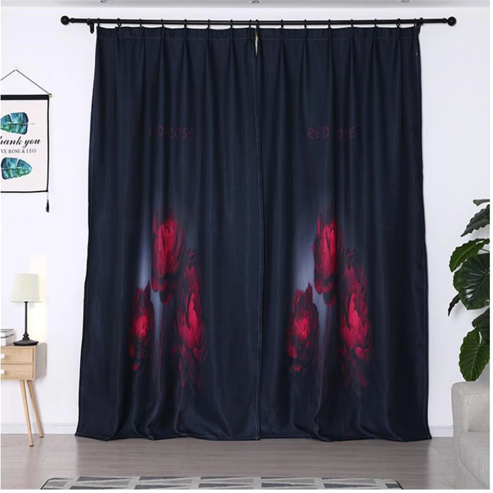 black curtains red rose curtain New simple and modern bedroom living room finished shading |