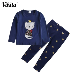 VIKITAкомплекты одежды для девочек весенне-Осенняя детская футболка с длинными рукавами топы с круглым вырезом и штаны, одежда с рисунком кота комплекты одежды для девочек