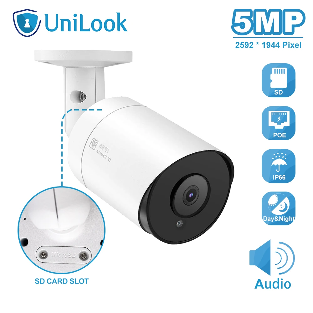 UnilLook 5MP пуля ip камера Onvif POE Встроенный микрофон слот для sd карты (опционально) IR 30m