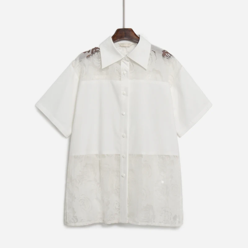 

Mesh Print Patchwork Hollow Out Design Women Tops Simple Loose Casual All Match Shirts for Women Short Sleeve Thin Summer Blouse