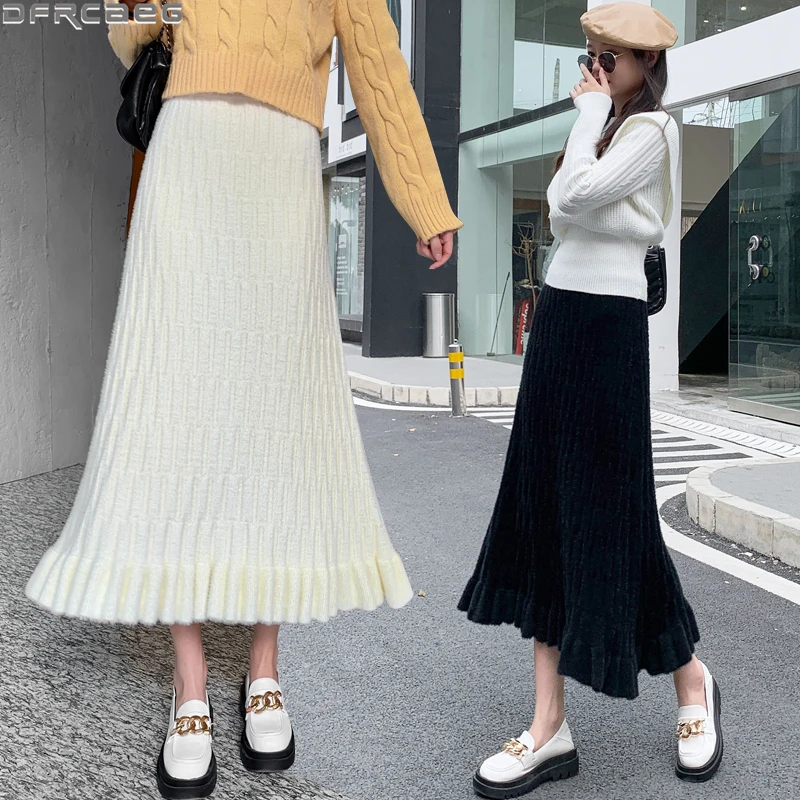 

Женская трикотажная длинная юбка, винтажная однотонная трапециевидная юбка с высокой талией и эластичным поясом, теплая Плотная юбка для зимы