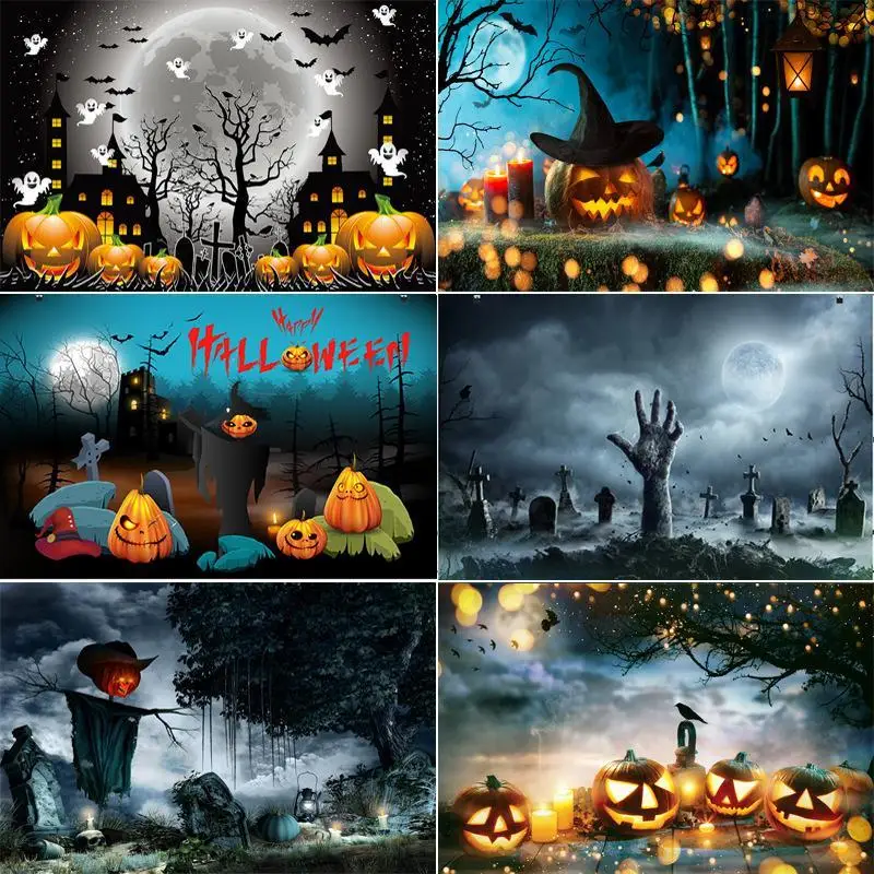 

Halloween Backdrop Tombstone Castle Pumpkin Lantern Moon Bat Baby Birthday Photography Background For Photo Studio Photophone