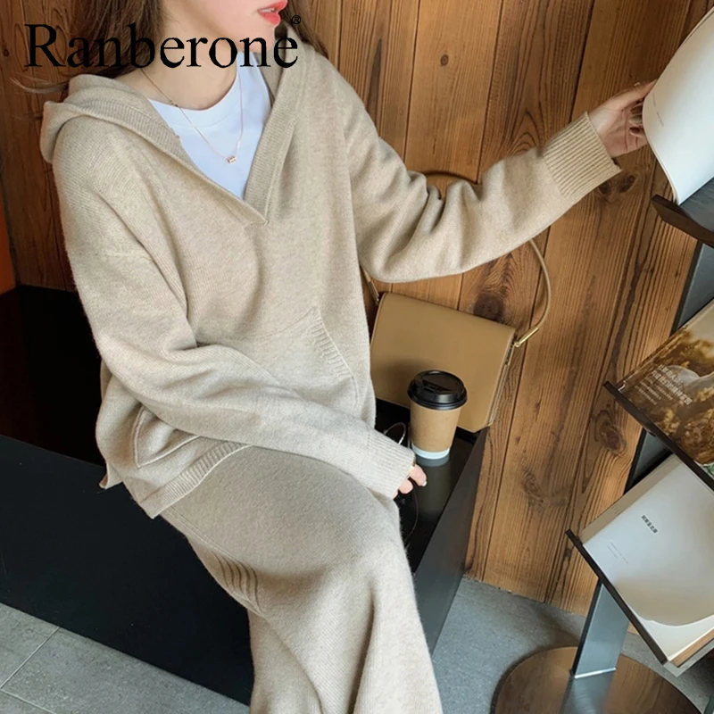 Ranberone Sport Suit Female V-neck Sweater+Wide Leg Trousers Women's Tracksuit Autumn Winter Two Piece Suit Fitness Sportswear