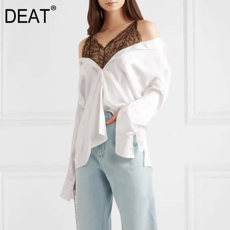 DEAT 2020 new spring fashion women clothing round neck full sleeves lace straps V-neck sexy stain shirt female blouse WE05100L | Женская