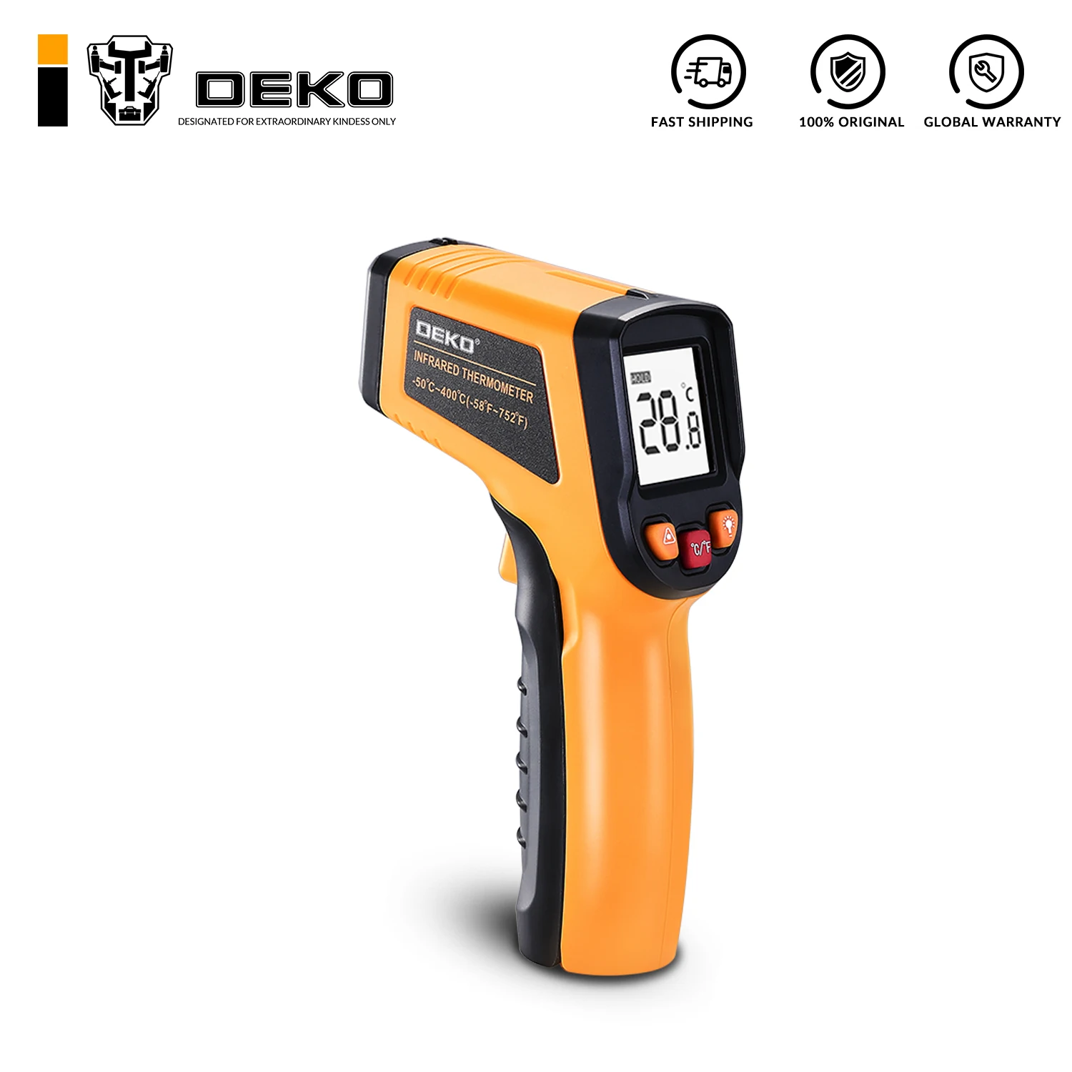 

DEKO WD01 Non-Contact Yellow Laser LCD Display IR Infrared Digital C/F Selection Surface Temperature Thermometer Pyrometer