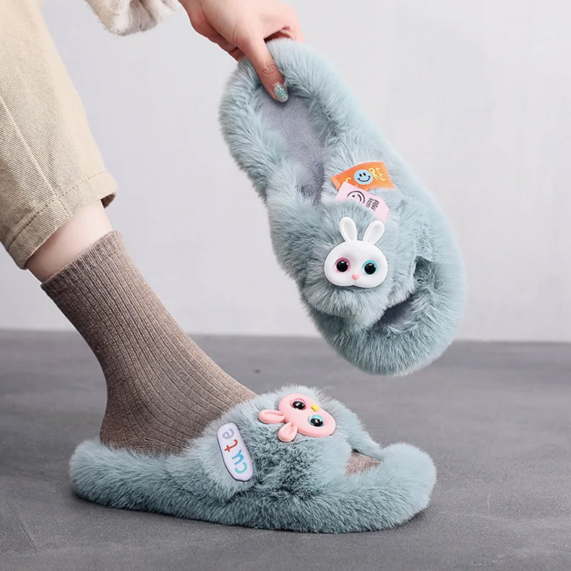 Pattern Cross  Winter Cotton Slippers Female Macaron Rabbit Personality Home Cotton Slippers Warm and Comfortable Home