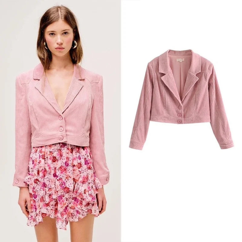 Pink Girly Sweet Kawaii Jacket Spring New Retro Corduroy Slim Small Suit Simple Single-breasted V-neck Casual Office Clothing