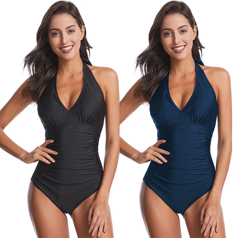 

2021 New European and American swimsuit women's swimwear pure black wholesale t spot