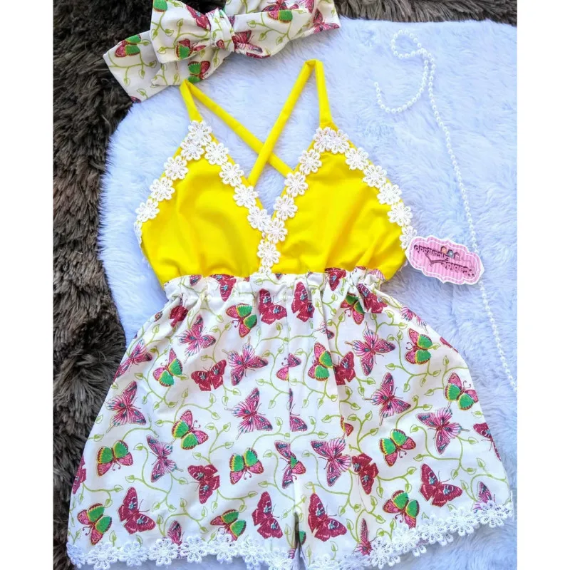 

Toddler Kids Baby Girl Summer Lace Flower Clothes Butterfly Printed Romper Jumpsuitb V Neck Outfits