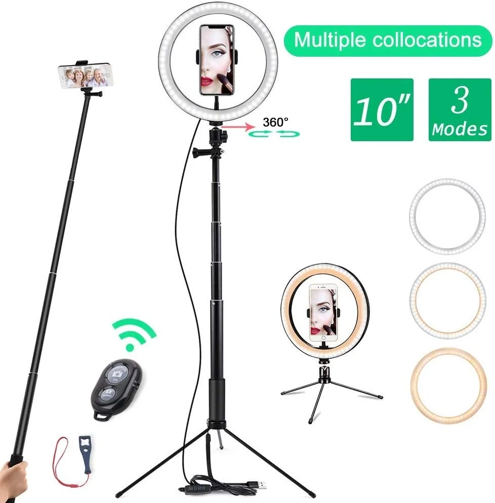 

Handheld & Tripod 3 in 1 Self-Portrait Monopod Extendable Phone Selfie Stick with Wireless Remote Shutter LED Beauty Ring Light