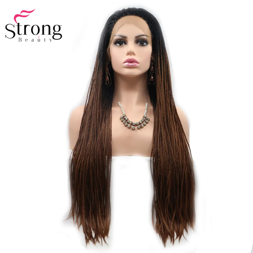 StrongBeauty коробка коса Кружева спереди длинный черный парик Омбре Синтетический Плетеный ящик косы парики для женщин