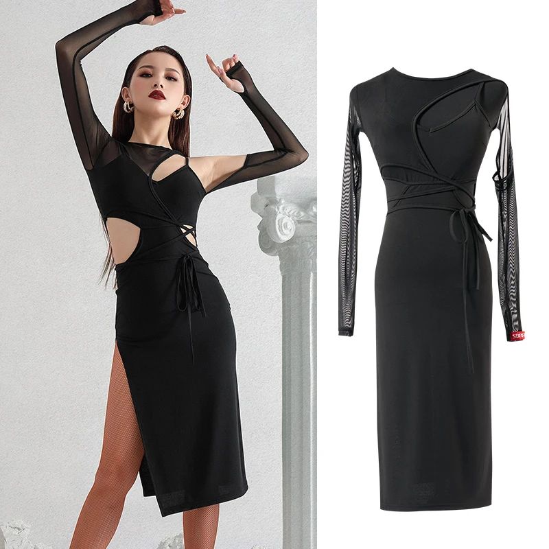 

New Women Latin Dance Dress Practice Clothes Female Adult Sexy Mesh Bandage Dress Ballroom Latin Dance Competition Dress SL4442