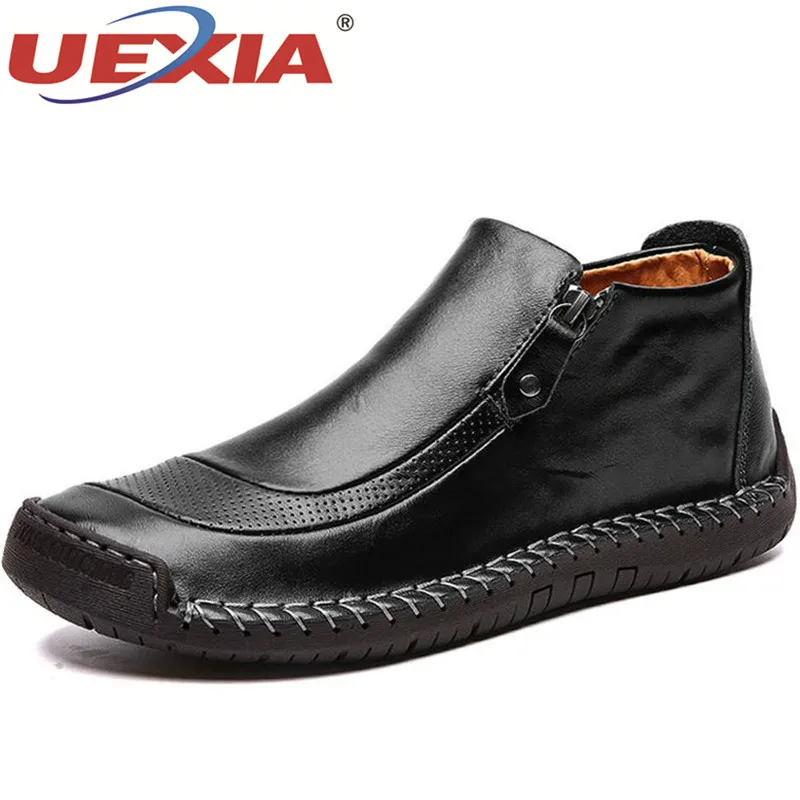 UEXIA 2019 New Fashion Men Boots High Quality Split Leather Ankle Snow Shoes Warm Fur Plush Winter Plus Size 38-48 | Обувь