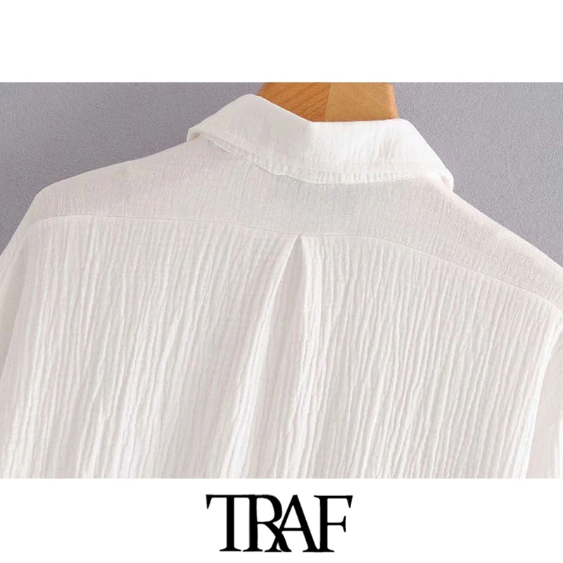 

TRAF Women Chic Fashion Office Wear Pockets Loose Blouses Vintage Lapel Collar Long Sleeve Female Shirts Chic Tops