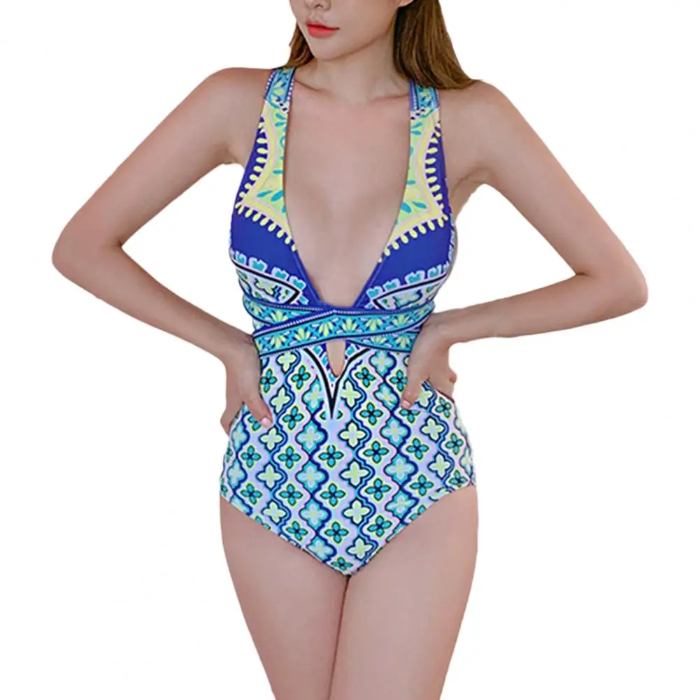 

Swimwear Off Shoulder High Cut Deep V Sexy One-piece Floral Backless Bikini Swimsuit for Swimming Pool