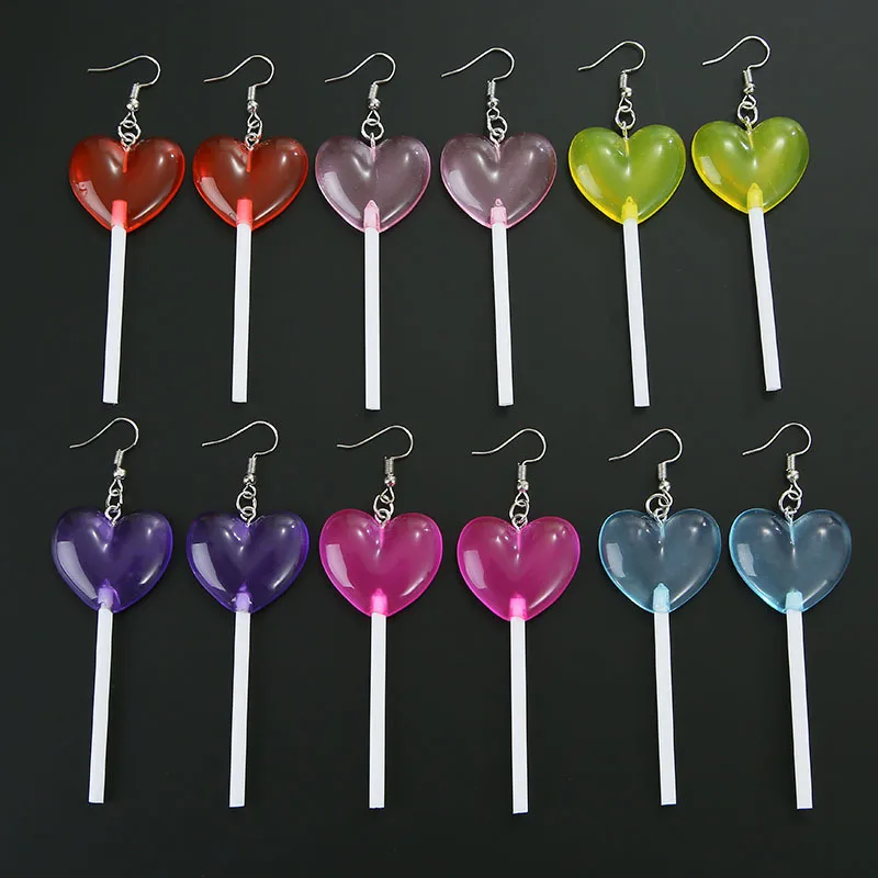 

1Pair Women Drop Earrings Resin Lollipop Crafts Glitter Heart Candy Shape Charms Drop Earrings Girl Jewelry Candy Eardrop Gifts
