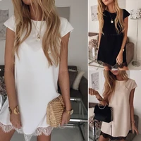 2021 summer new fashion sexy womens mini dresses casual o neck short sleeved pure color lace patchwork ruffled ladies dress