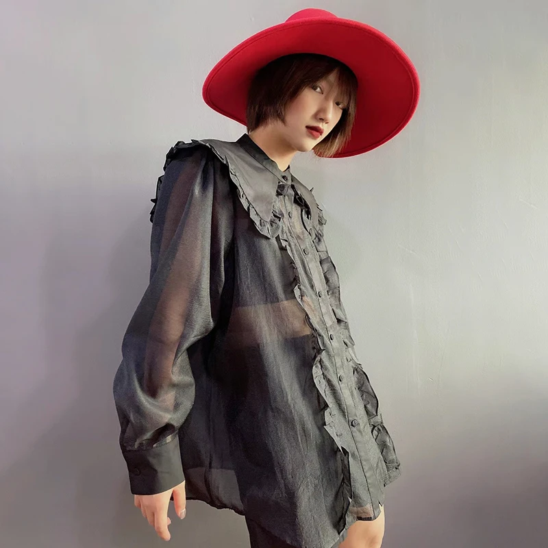 

TWOTWINSTYLE Black Patchwork Ruffle Shirt For Women O Neck Long Sleeve Casual See Through Blouse Female Fashion New Clothing